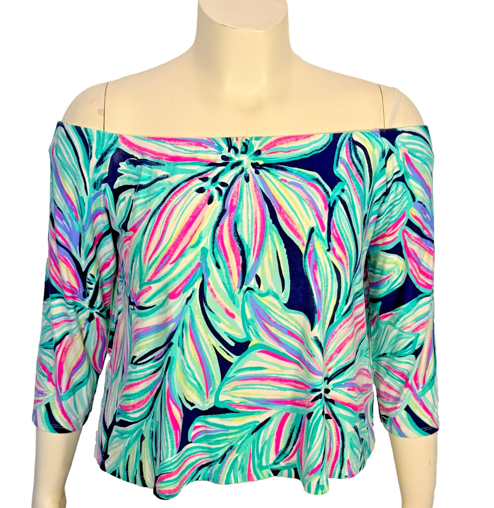 Lilly Pulitzer Knit Top Blouse Women's Size XL Teal Pink Navy Floral Off Shoulde
